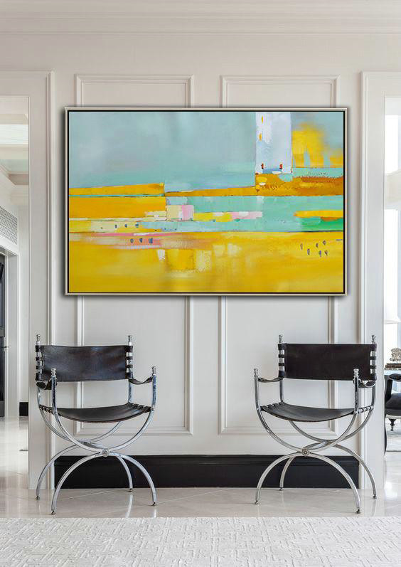 Large Abstract Art,Oversized Horizontal Contemporary Art,Extra Large Paintings,Yellow,White,Light Green,Pink.etc